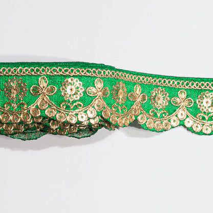 Parrot Green Fancy Sequins Adorn Delicate Scalloped Lace (9 Mtr)