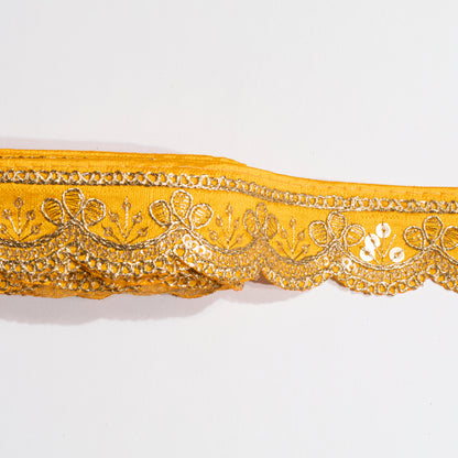 Yellow Fancy Sequins Adorn Delicate Scalloped Lace (9 Mtr)