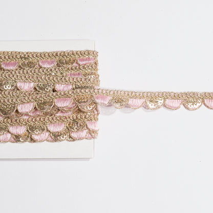Pink Resham Thread and Sequins Scalloped Lace (9 Mtr)