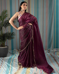 Maroon Plain Liquid Organza Pre-Draped Saree With Lace Border