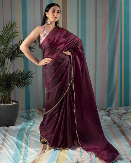 Maroon Plain Liquid Organza Pre-Draped Saree With Lace Border