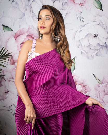 Wine Purple Plain Half Pleated Japan Satin Ready To Wear Saree