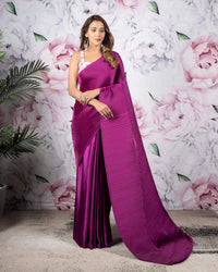 Wine Purple Plain Half Pleated Japan Satin Ready To Wear Saree