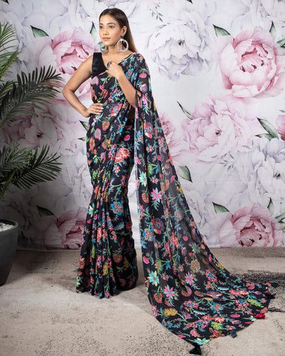 Black And Pink Floral Pattern Sequins Georgette Pre-Draped Saree With Tassels