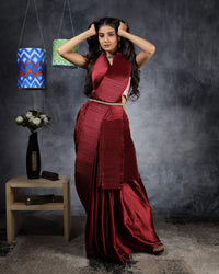 Maroon Plain Half Pleated Japan Satin Pre-Draped Saree