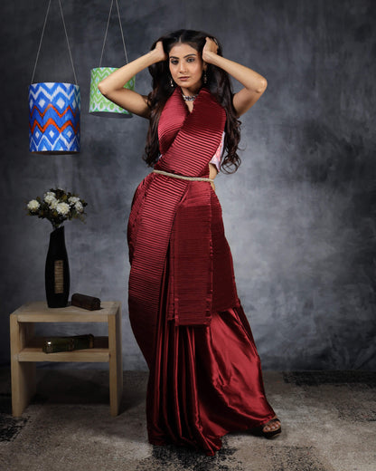 Maroon Plain Half Pleated Japan Satin Pre-Draped Saree