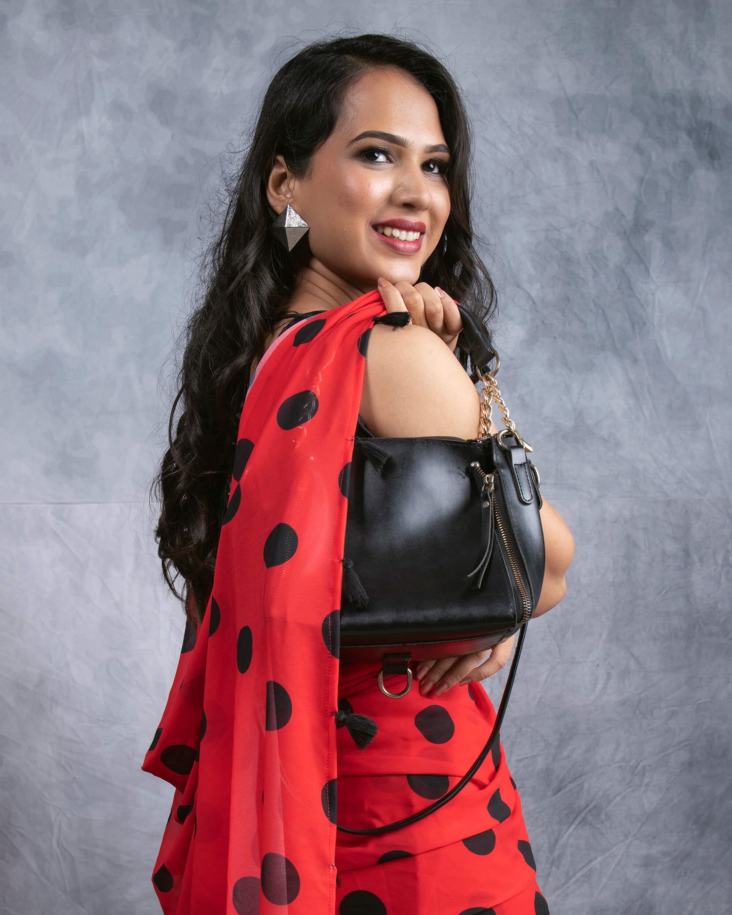 Red And Black Polka Dots Pattern Digital Print Georgette Pre-Draped Saree With Tassels