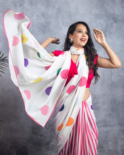 Off White And Pink Polka Dots Pattern Digital Print Georgette Pre-Draped Saree With Tassels