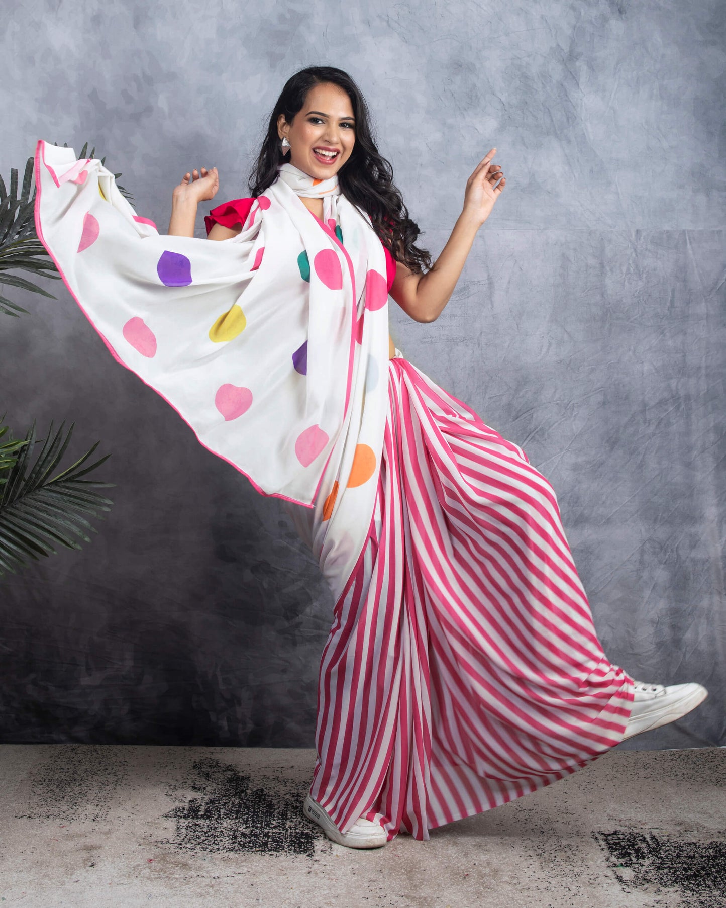 Off White And Pink Polka Dots Pattern Digital Print Georgette Pre-Draped Saree With Tassels