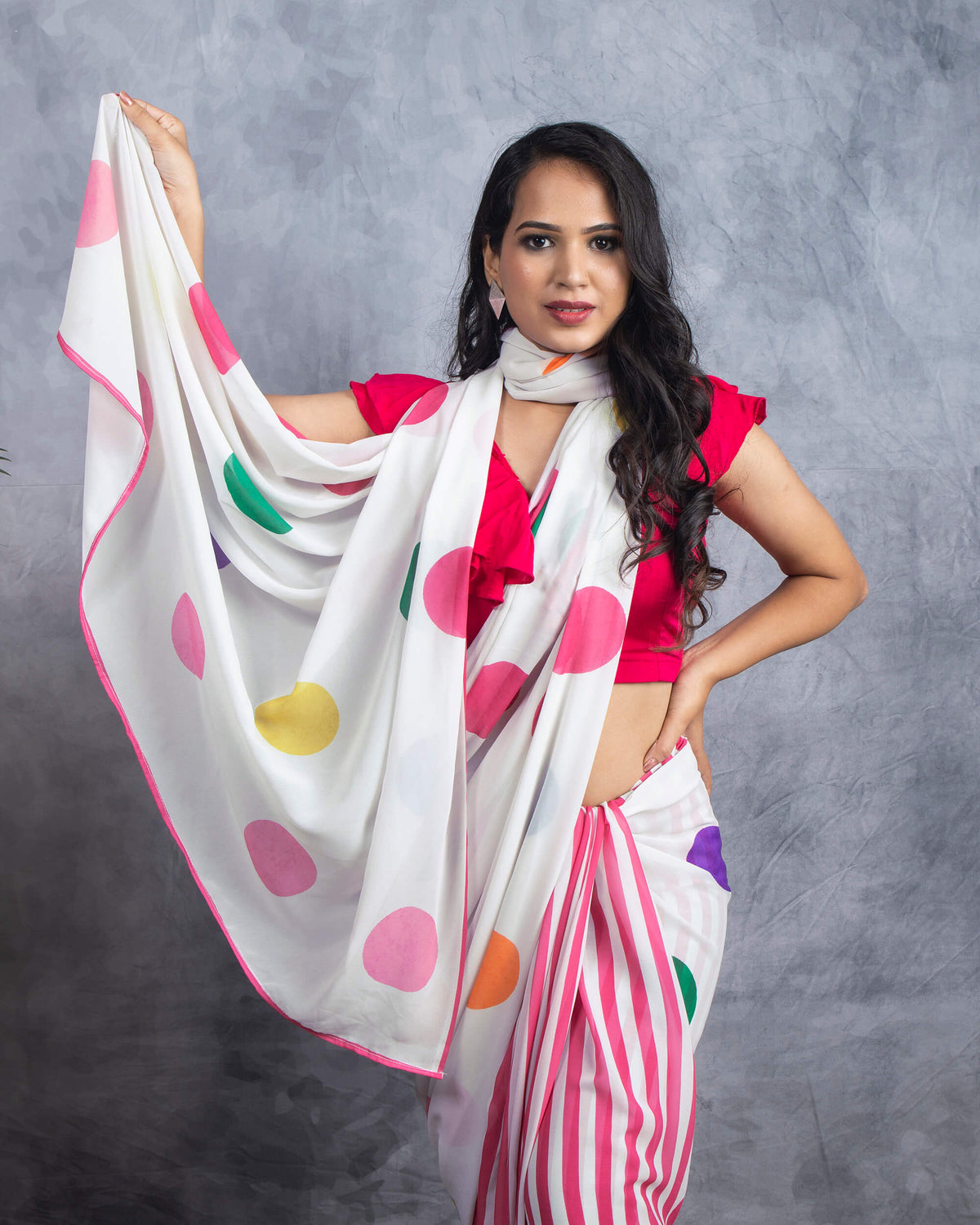 Off White And Pink Polka Dots Pattern Digital Print Georgette Pre-Draped Saree With Tassels