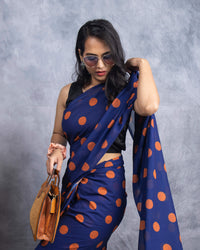 Navy Blue And Ochre Orange Polka Dots Pattern Digital Print Georgette Pre-Draped Saree With Tassels
