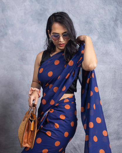 Navy Blue And Ochre Orange Polka Dots Pattern Digital Print Georgette Pre-Draped Saree With Tassels