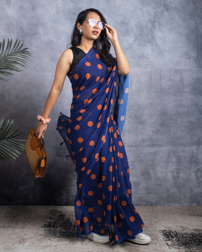 Navy Blue And Ochre Orange Polka Dots Pattern Digital Print Georgette Pre-Draped Saree With Tassels