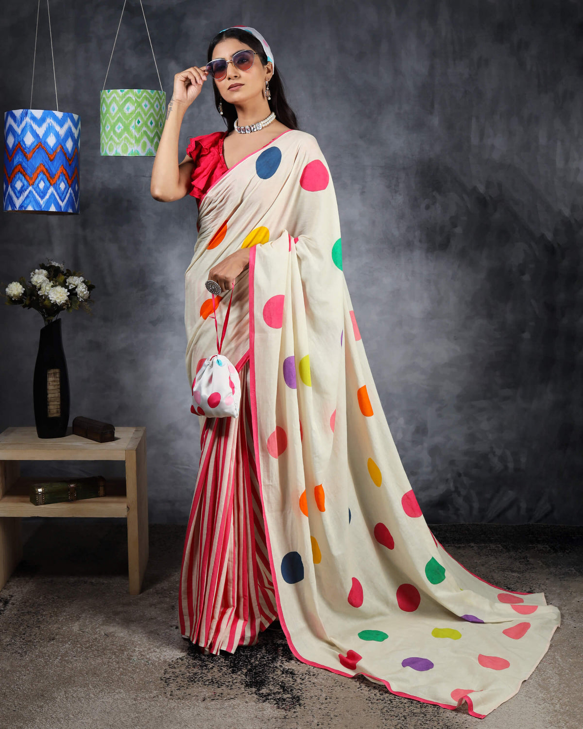 Off White And Pink Polka Dots Pattern Digital Print Cotton Mulmul Pre-Draped Saree