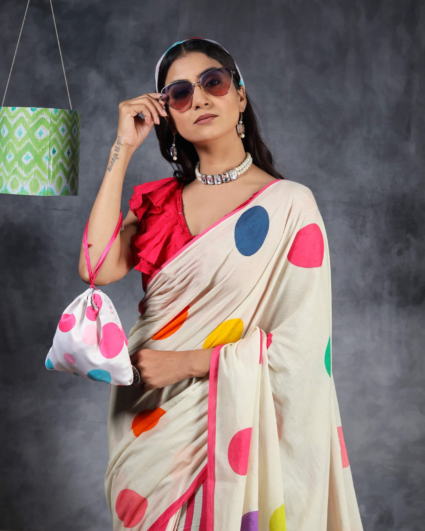 Off White And Pink Polka Dots Pattern Digital Print Cotton Mulmul Pre-Draped Saree