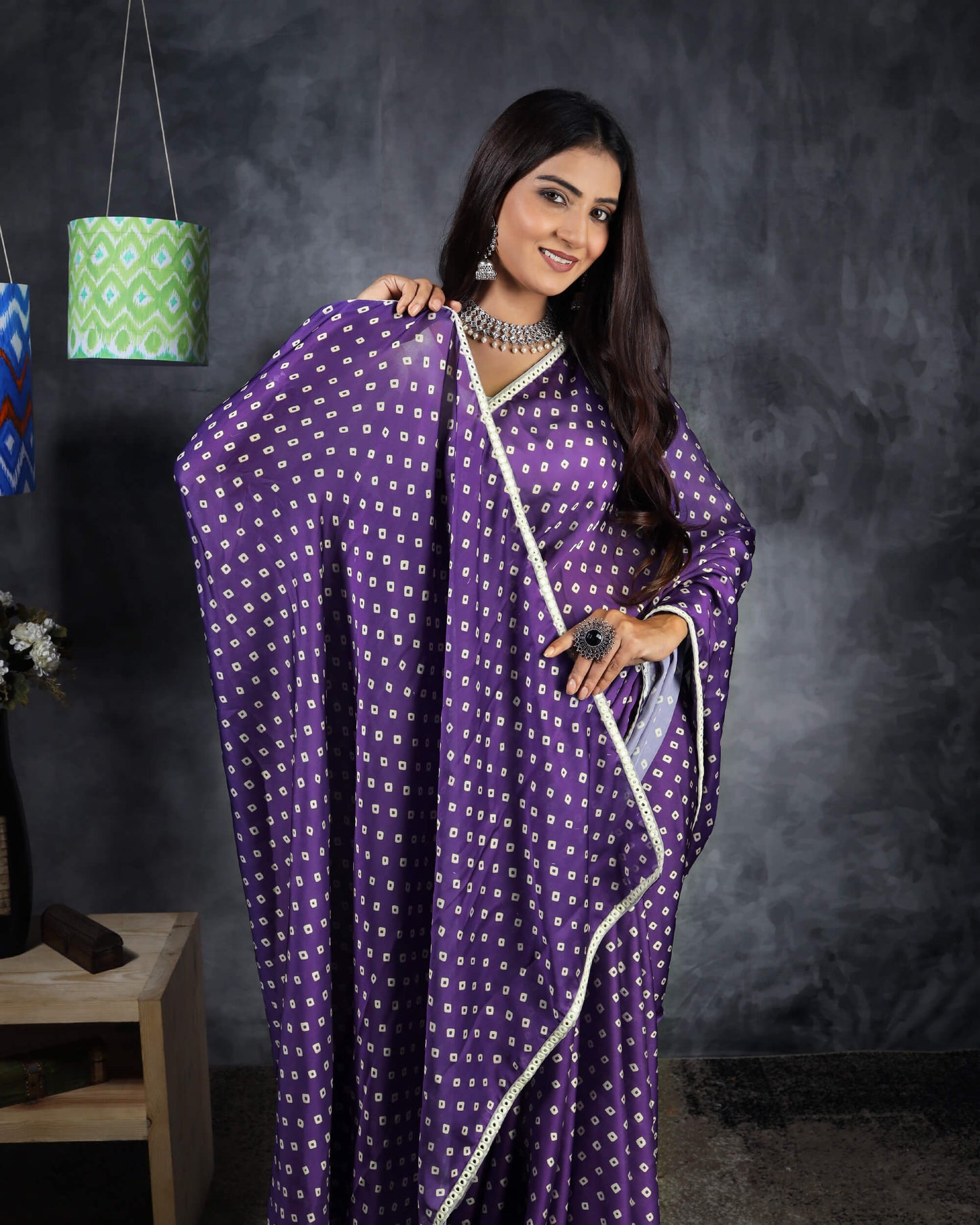 Grape Purple And White Bandhani Pattern Digital Print Georgette Satin Pre-Draped Saree With Foil Mirror Work Lace Border