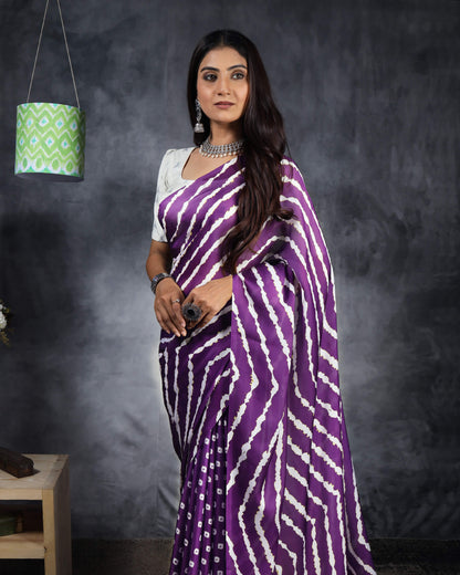 Eggplant Purple And White Chevron Pattern Digital Print Crepe Silk Pre-Draped Saree With Tassels