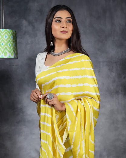 Royal Yellow And White Leheriya Pattern Digital Print Georgette Satin Pre-Draped Saree With Tassels