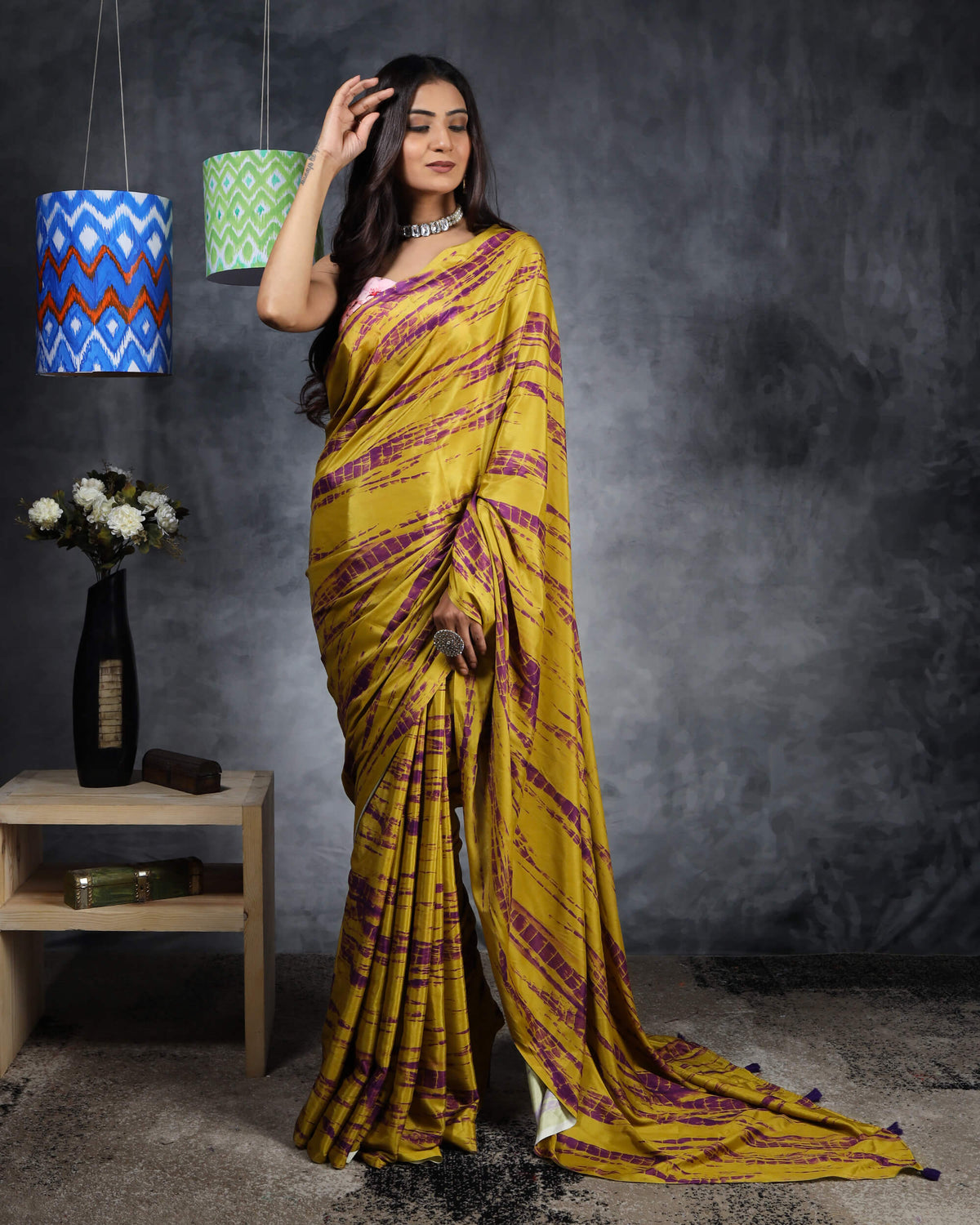 Dijon Yellow And Purple Shibori Pattern Digital Print Crepe Silk Pre-Draped Saree With Tassels