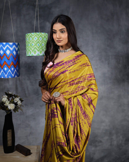 Dijon Yellow And Purple Shiiborii Pattern Digital Print Crepe Silk Pre-Draped Saree With Tassels