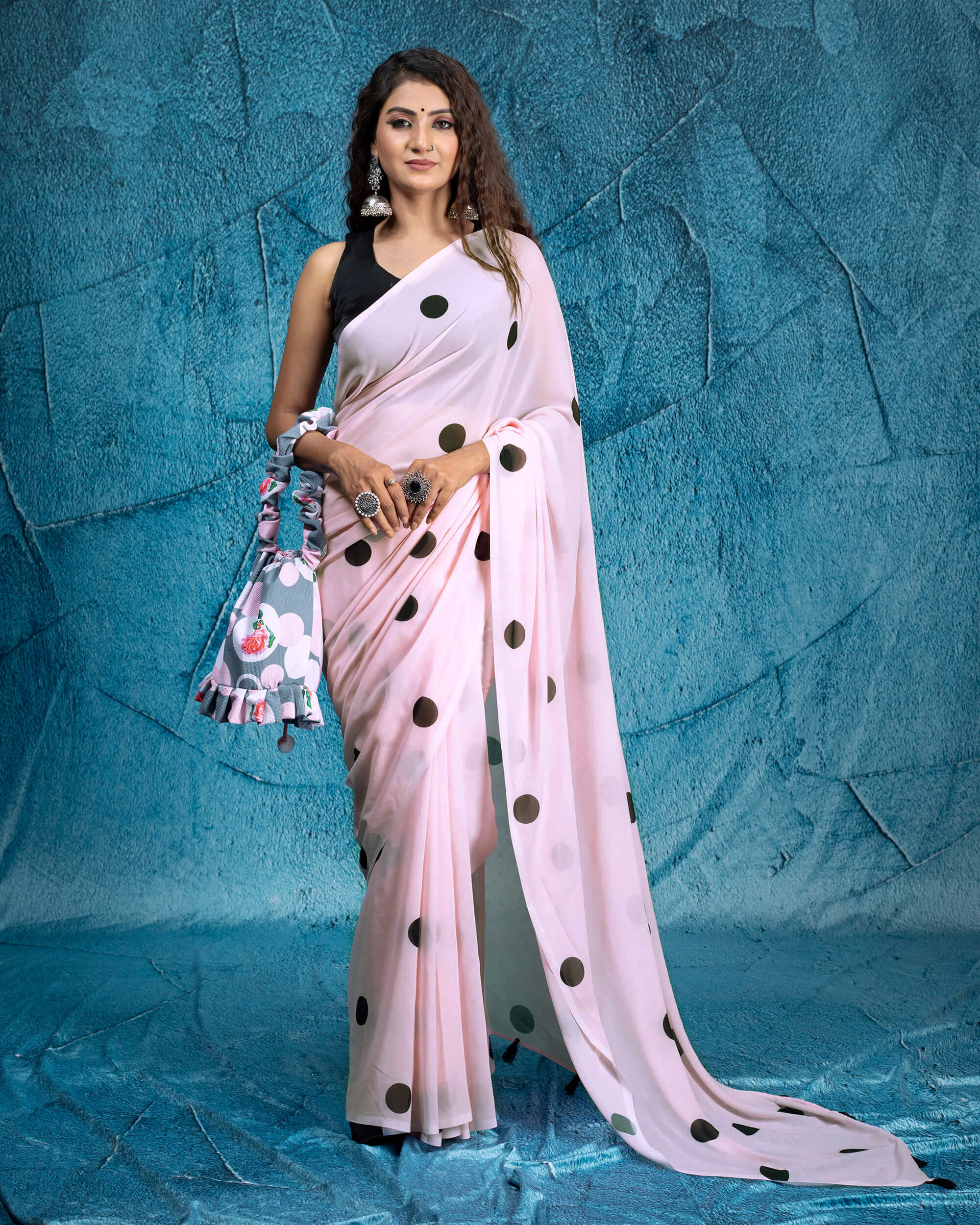 Black Polka Dot Satin Silk Saree – kreationbykj