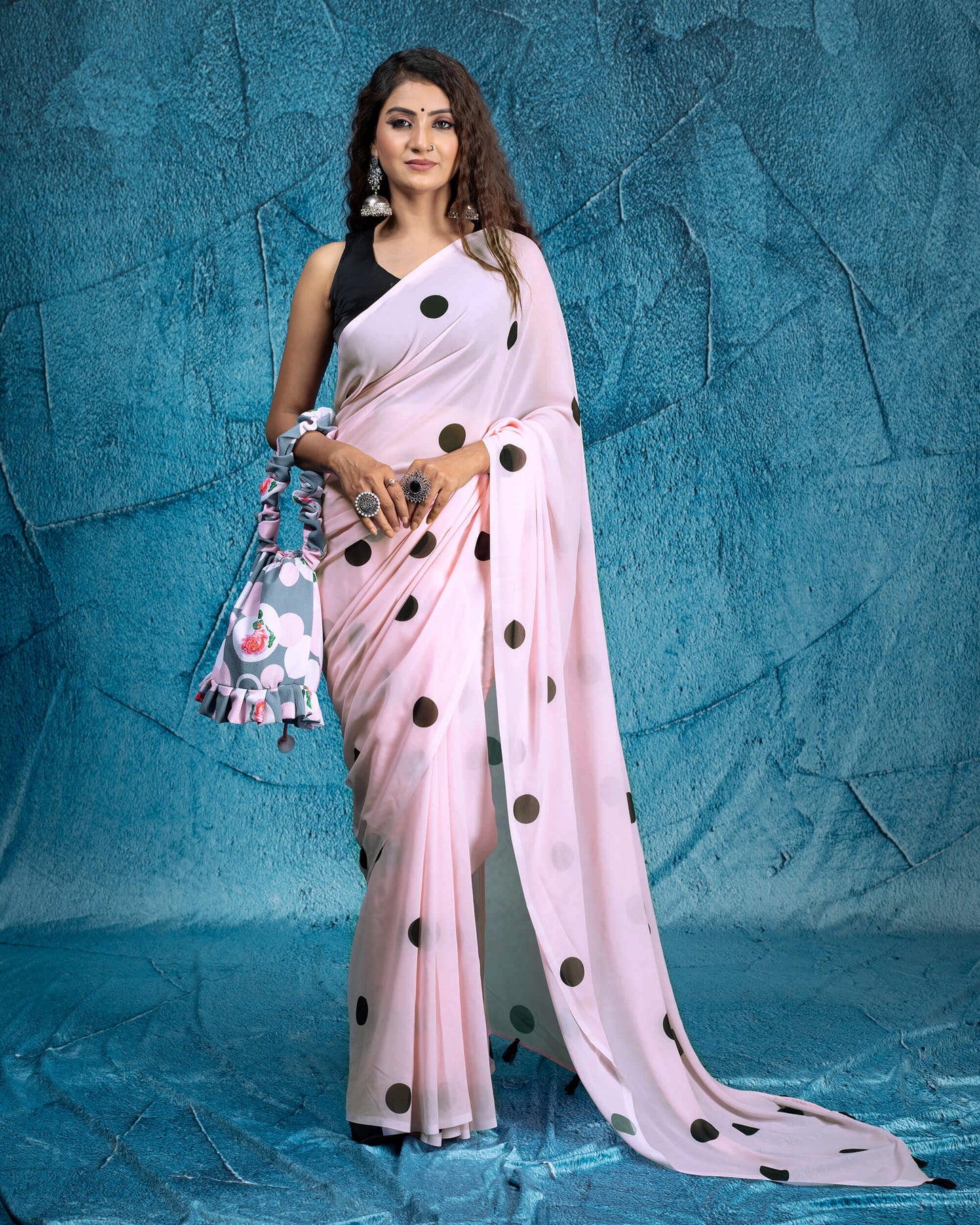 Pale Pink And Black Polka Dots Pattern Digital Print Georgette Pre-Draped Saree With Tassels