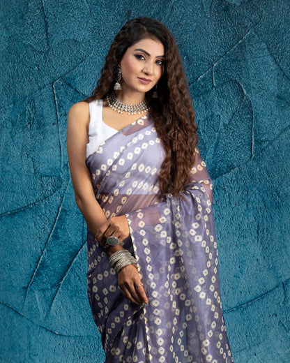 Slate Blue And Off White Bandhanii Pattern Digital Print Kota Doria Pre-Draped Saree With Tassels