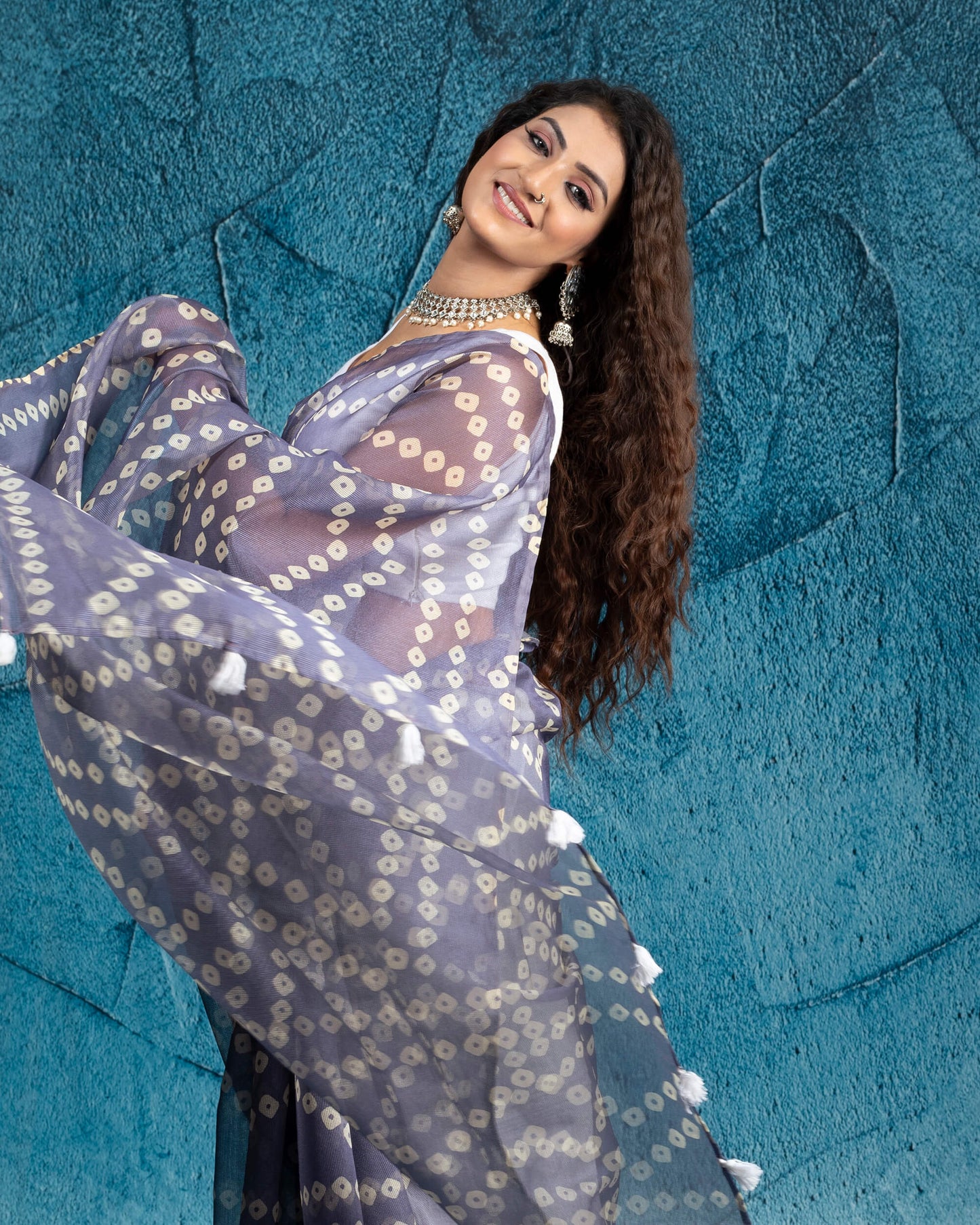 Slate Blue And Off White Bandhani Pattern Digital Print Kota Doria Pre-Draped Saree With Tassels