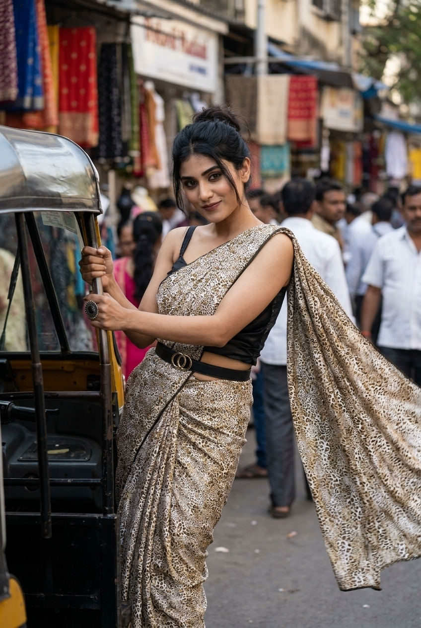 Black Animal Pattern Digital Print Crepe Silk Saree With Lace Border
