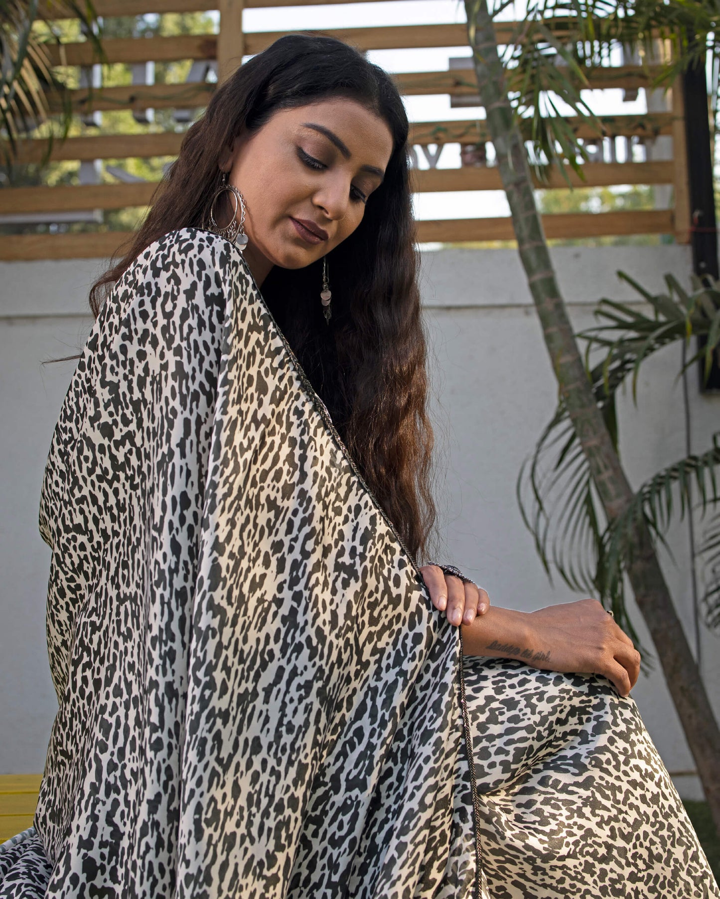Black And Cream Animal Pattern Digital Print Georgette Satin Pre-Draped Saree With Lace Border