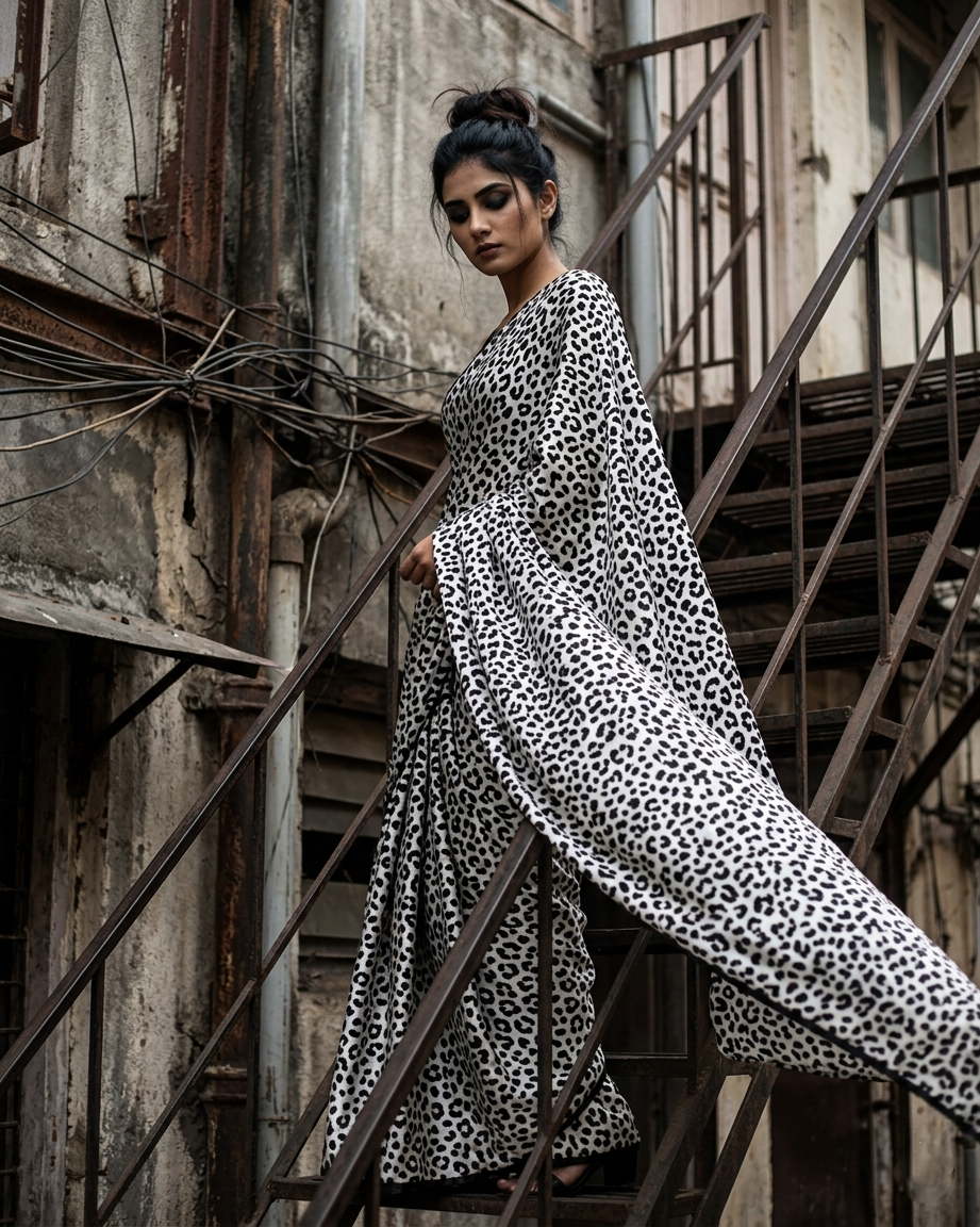 Black And Cream Animal Pattern Digital Print Crepe Silk Saree With Lace Border