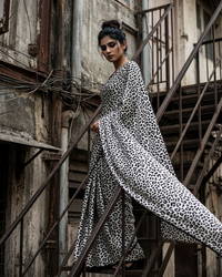 Black And Cream Animal Pattern Digital Print Crepe Silk Saree With Lace Border