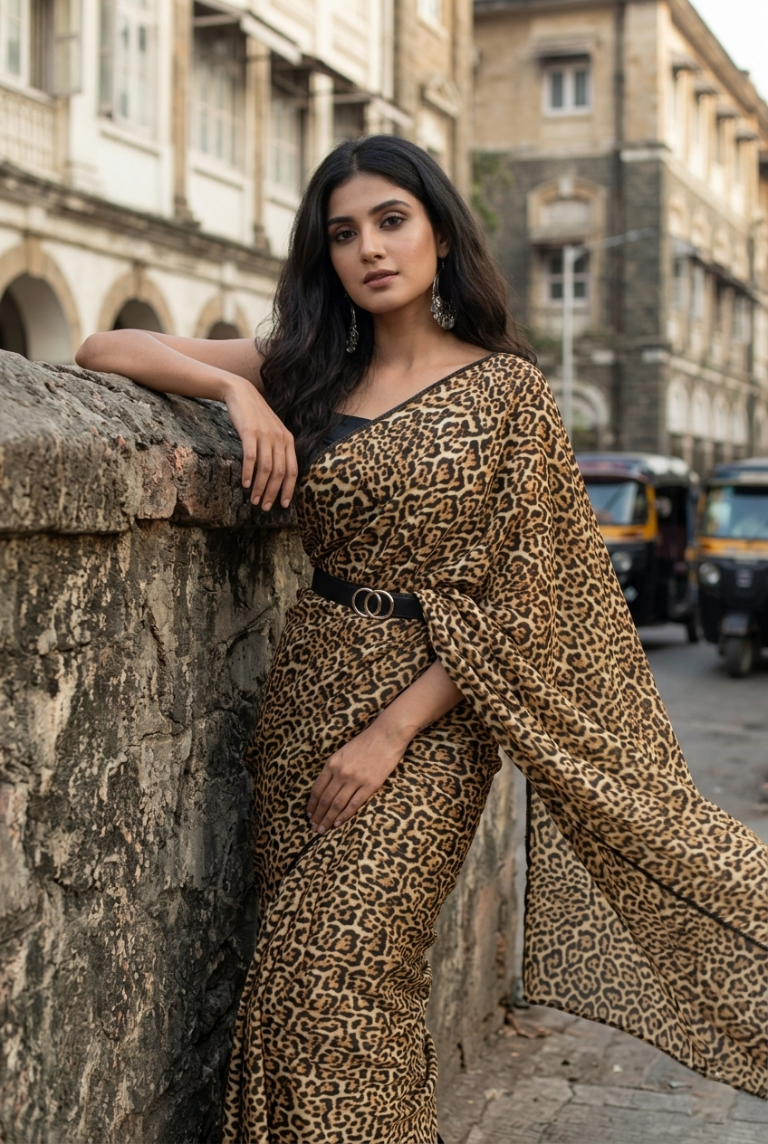 Black And Ochre Orange Animal Pattern Digital Print Crepe Silk Saree With Lace Border