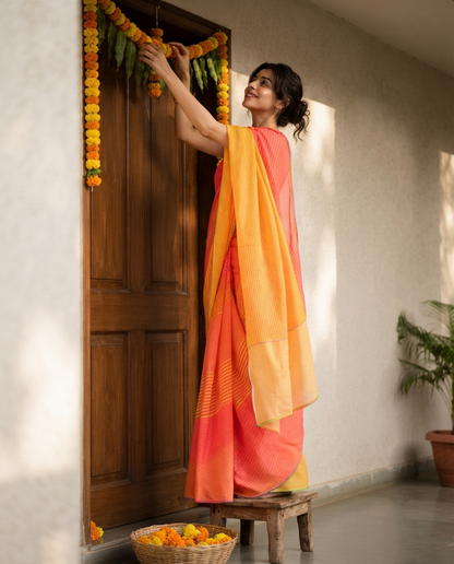 Deep Pink And Yellow Ombre Pattern Digital Print Kota Doria Saree With Sequins Lace Border