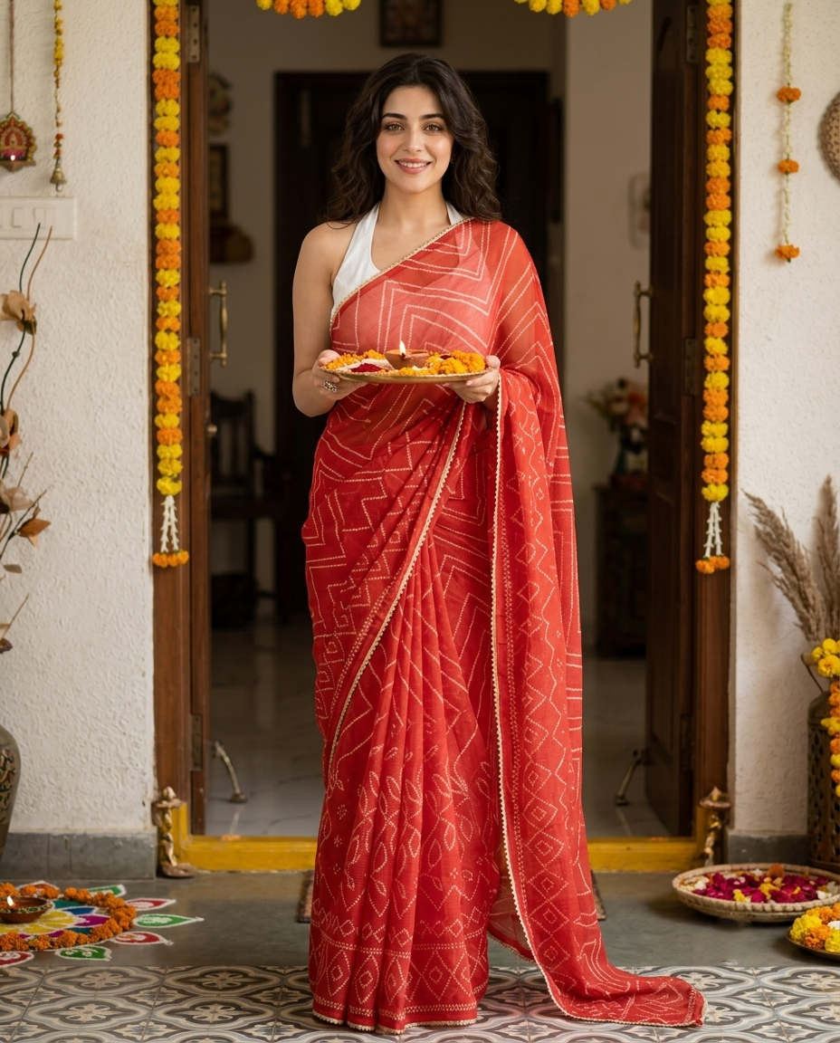 A woman stands in a decorated doorway wearing a red saree with white geometric patterns and holding a tray of flowers. The background features warm lighting, traditional decor, and marigold garlands.rakshabandhan