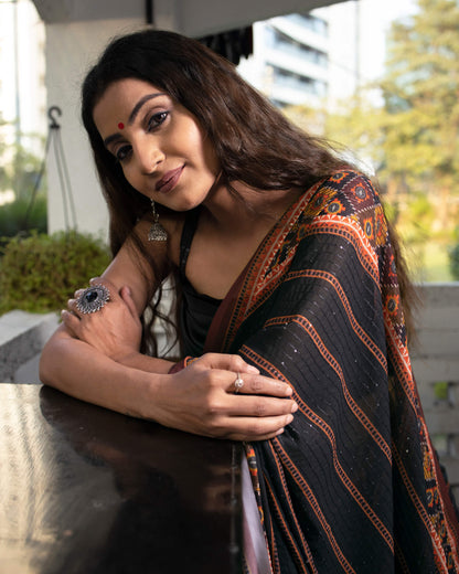 Black And Brown Stripes Pattern Premium Sequins Georgette Pre-Draped Saree