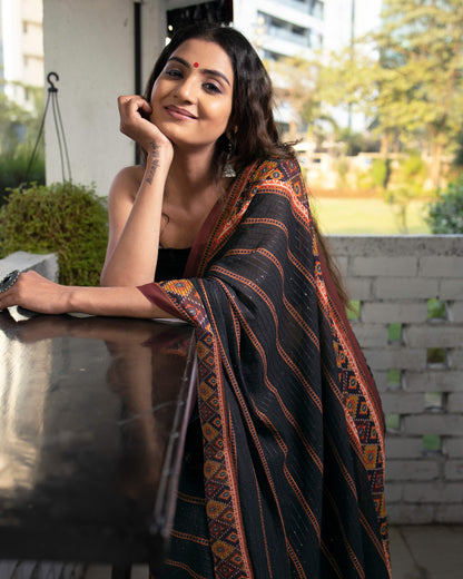 Black And Brown Stripes Pattern Premium Sequins Georgette Pre-Draped Saree