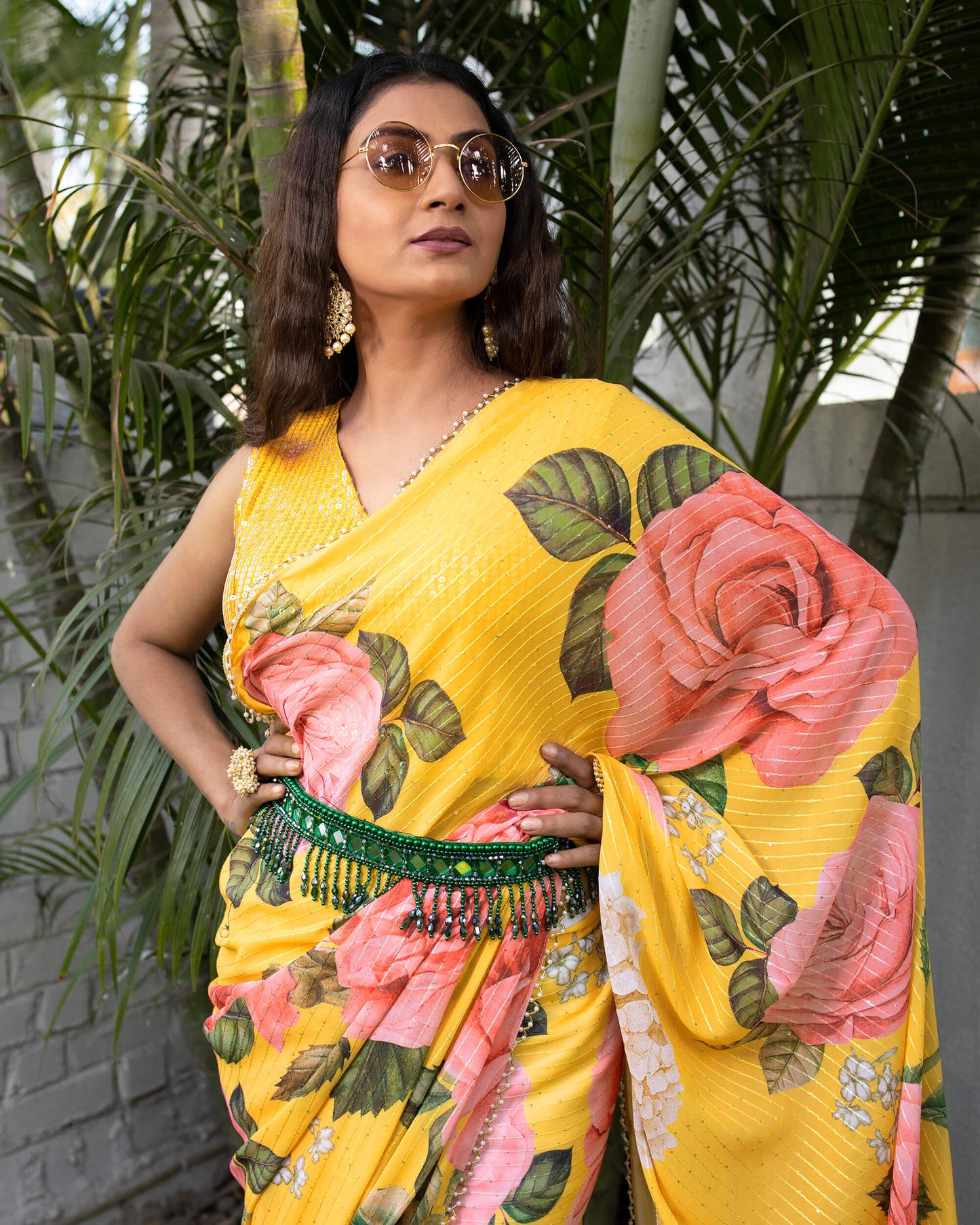 Bumblebee Yellow And Pink Floral Pattren Sequins Georgette Pre-Draped Saree With Tubular Beads Pearl Work Lace Border