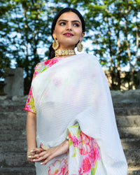 White And Pink Floral Pattern Premium Sequins Georgette Pre-Draped Saree