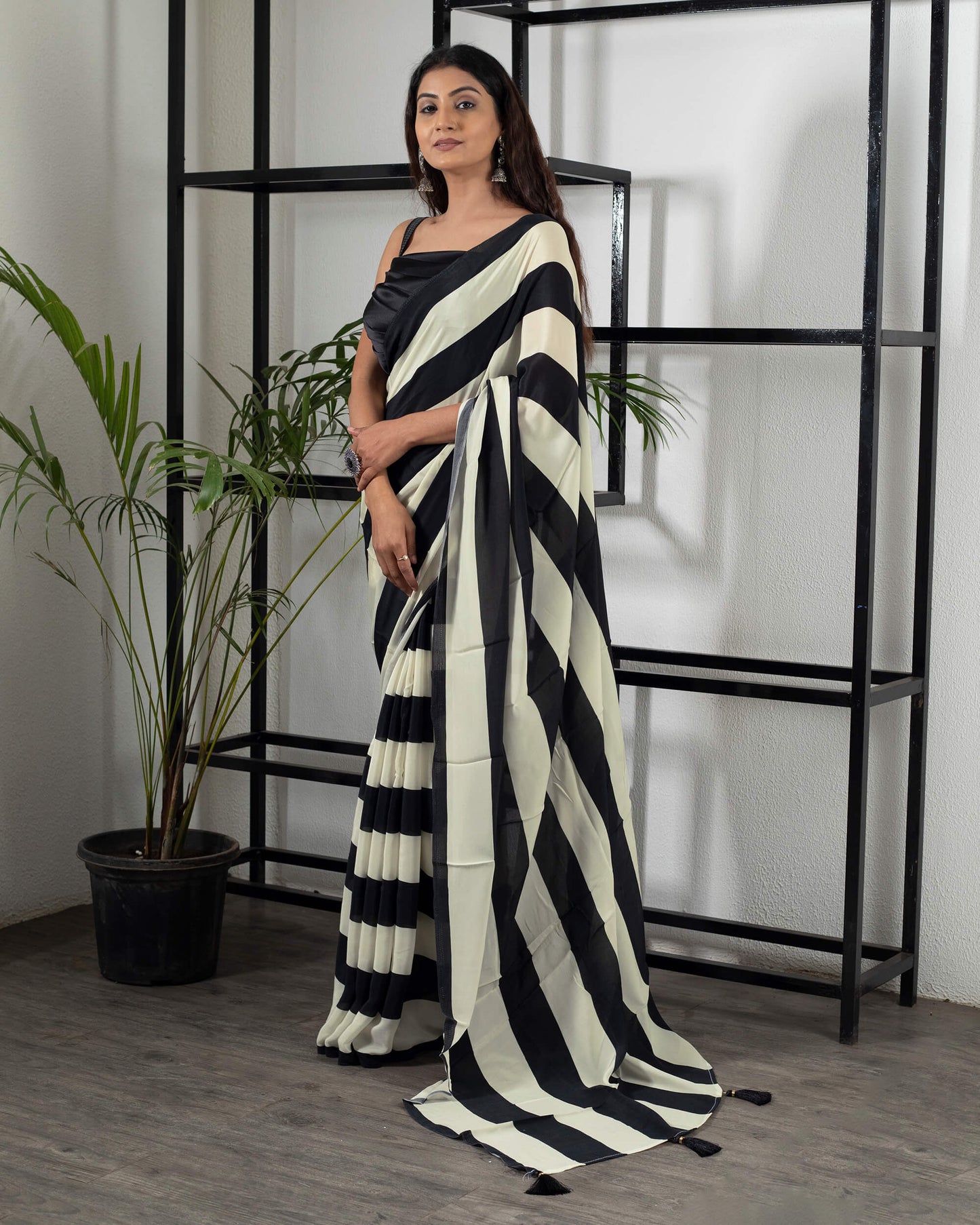 Black And Off White Stripes Pattern Digital Print Crepe Silk Pre-Draped Saree With Tassels