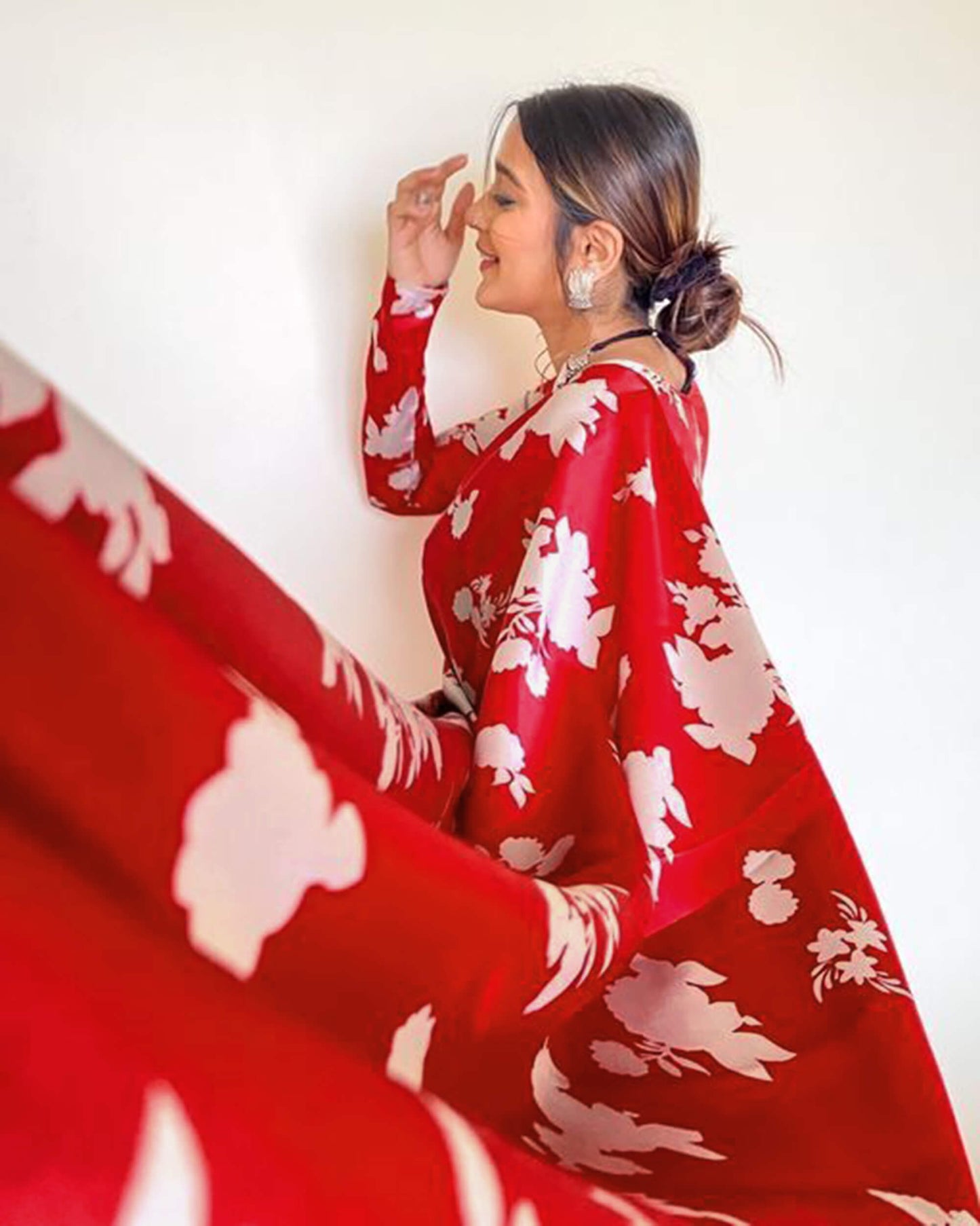 Vermilion Red And Pearl Grey Floral Pattern Digital Print Japan Satin Ready To Wear Saree