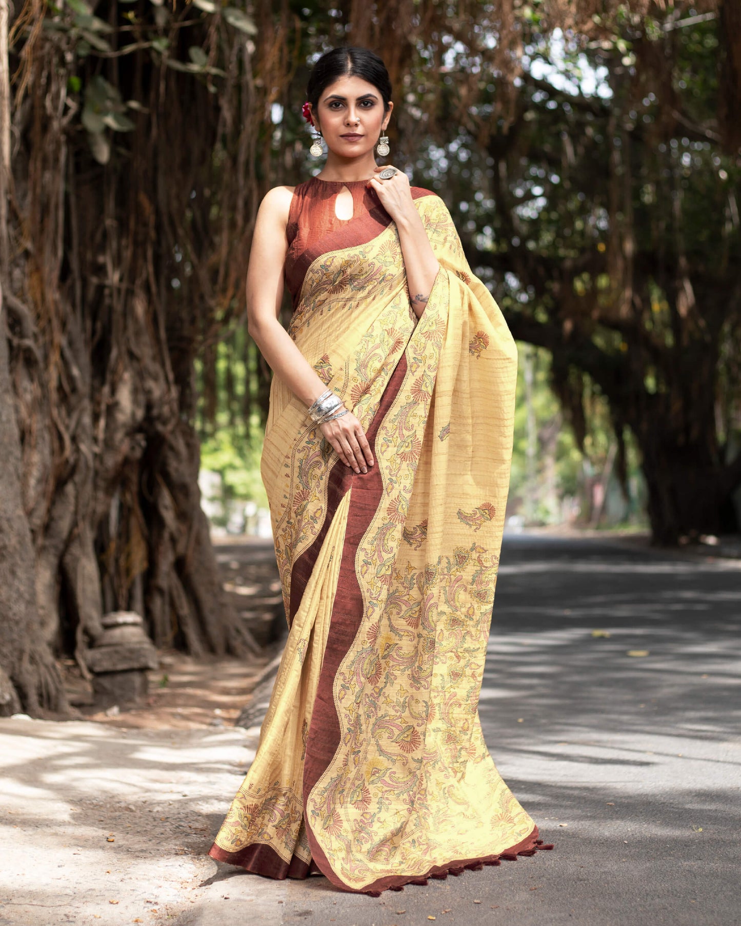 Ecru Beige And Mahogany Red Kalamkrii Pattern Digital Print Art Tusser Silk Saree With Tassels