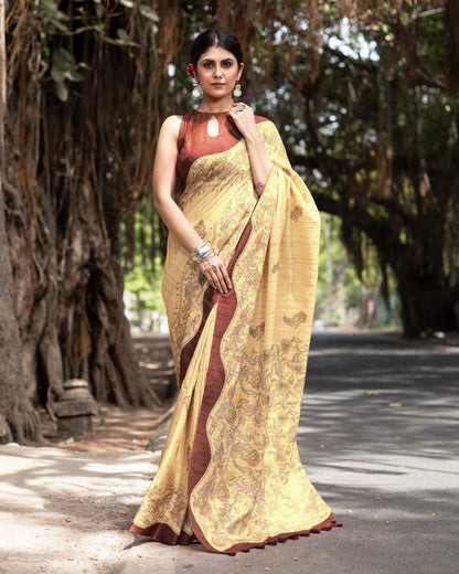 Ecru Beige And Mahogany Red Kalamkrii Pattern Digital Print Art Tusser Silk Saree With Tassels