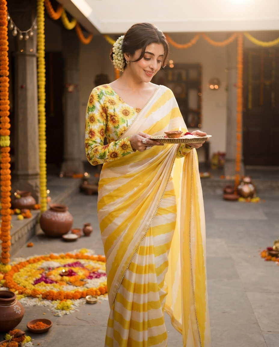 A woman stands in a decorated courtyard holding a tray with food, wearing a yellow and white striped saree with a floral printed blouse. rakshabandhan, festival