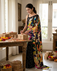 A woman stands in a bright room arranging small brown gift boxes on a wooden table. She is wearing a black saree with a colorful abstract print and a black skirt with white polka dots. rakshabandhan,festival