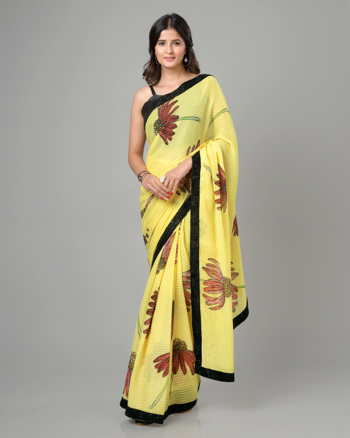 Lovely Anciant Floral Embroidery Pre-Draped Saree