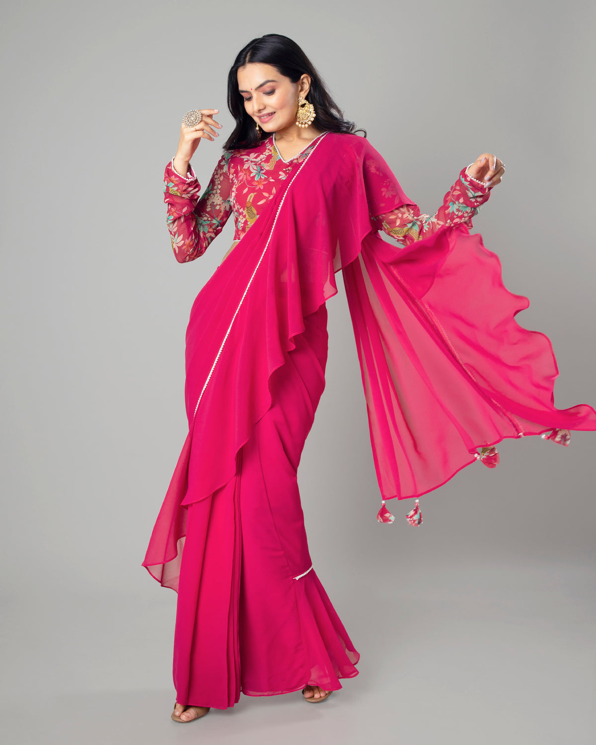 Classic Hot Pink Ruffled Designer Pre-Draped Saree