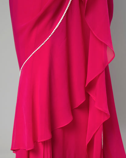 Classic Hot Pink Ruffled Designer Pre-Draped Saree