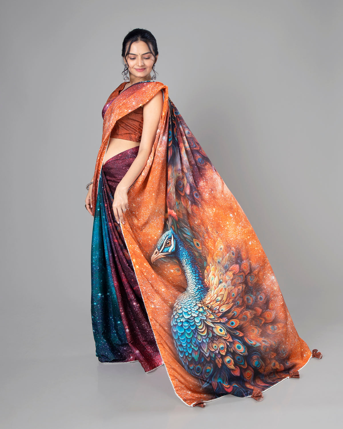 Attractive Peacock Designer Pre-Draped Silk Saree