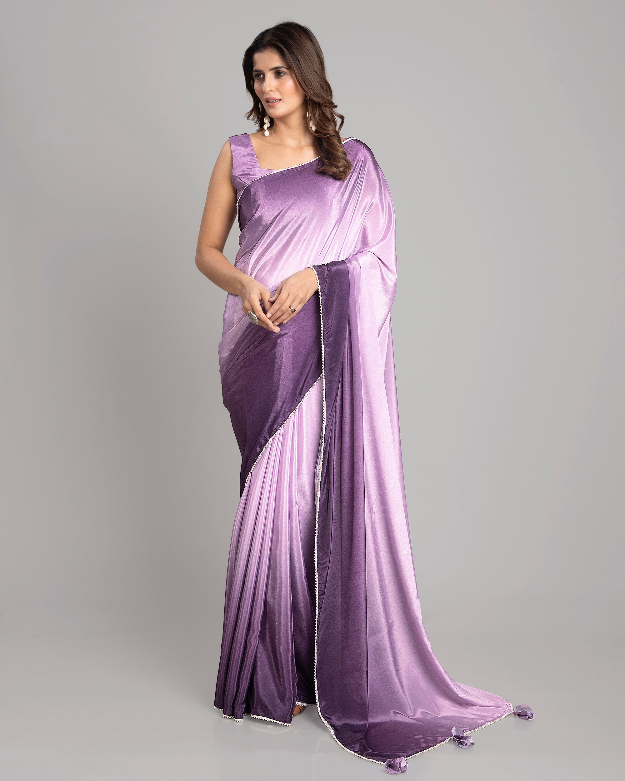 KRISHNA CREATION Women's Japan Satin Silk Plain lace work Saree with heavy  embroidered Work Blouse Unstitched Piece (Purple) : Amazon.in: Fashion